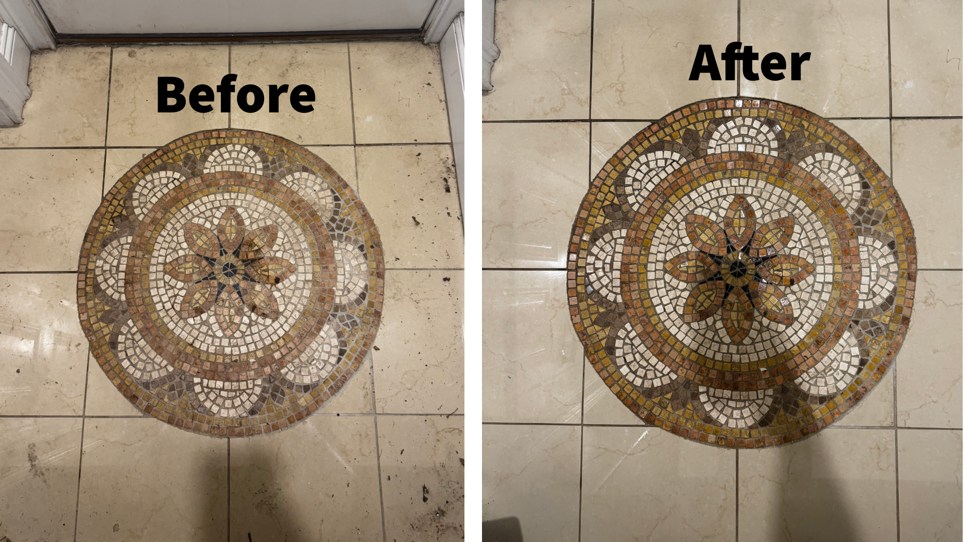 Decorative tile floor before and after deep cleaning