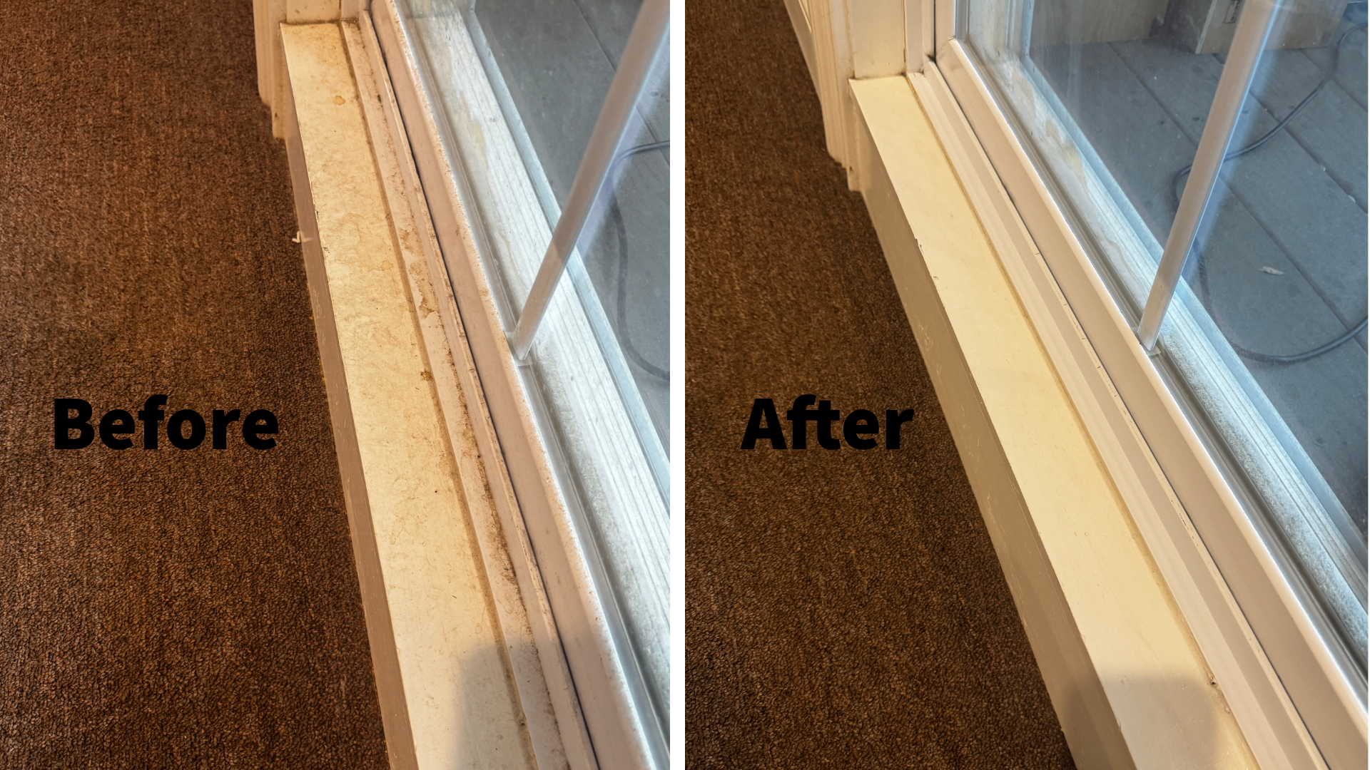 Sliding door track before and after deep cleaning